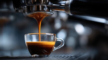Fototapeta premium A close-up of espresso being poured into a glass cup, showcasing rich color and texture, highlighting the artistry of coffee preparation.