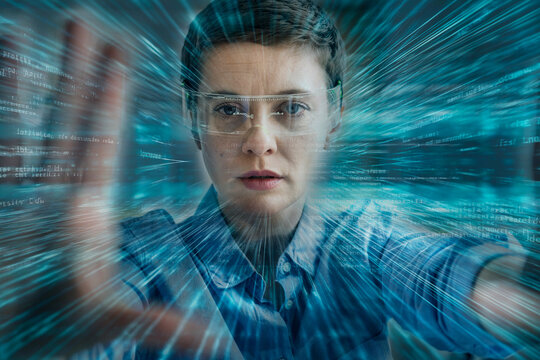 Engineer interacting with AR glasses and digital data stream