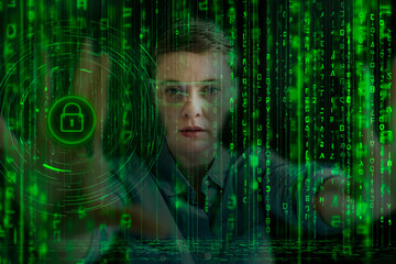 Woman with AR glasses interacts with digital data stream and security interface