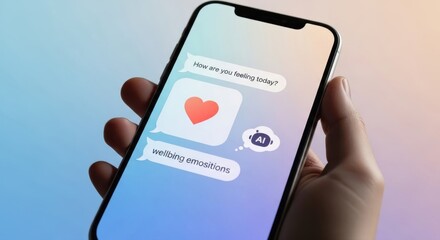 Smartphone screen displaying an AI chat about emotional wellbeing and how are you feeling today promoting mental health awareness and technological advancements