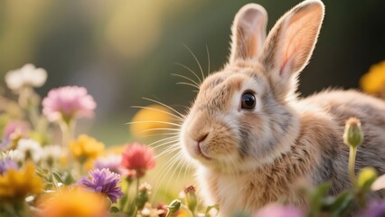 Adorable Rabbit Amidst Vibrant Spring Flowers