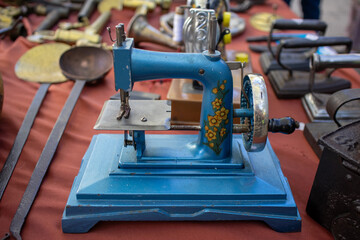 Old Vintage Ceramic Jugs. Close View Of Jugs In Shop Flea Market Of Antiques Old Retro Vintage Things. A Lot Of Old Things. Used Things. Second Hand Trading.