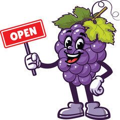 Cartoon mascot of grapes holding an open sign