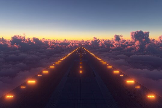 A photograph of an airport runway extending into the sky