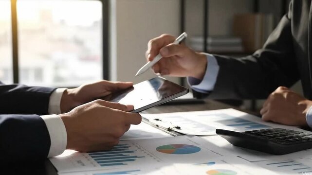 Close-up of business professional analyzing financial data on a digital tablet device; business people meeting plan analysis statistics brainstorm and header of team hold tablet pointing graph chart