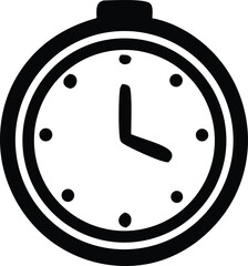 Simple black and white icon of a classic analog clock face with bold hands indicating time