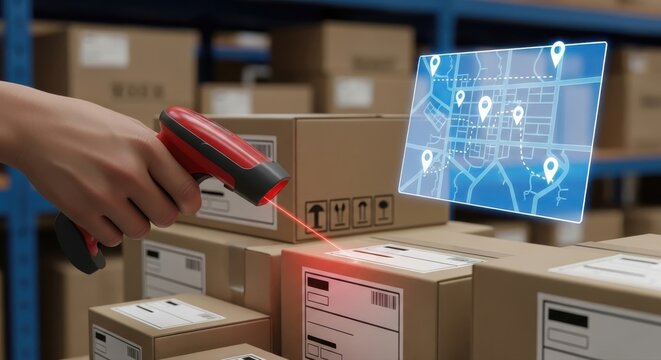 Warehouse Logistics and Tracking with Barcode Scanner and Digital Map Overlay Enhancing Supply Chain Management Efficiency and Package Delivery Tracking