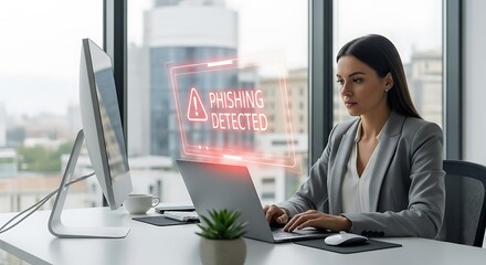 Businesswoman Focused on Laptop Displaying Phishing Alert