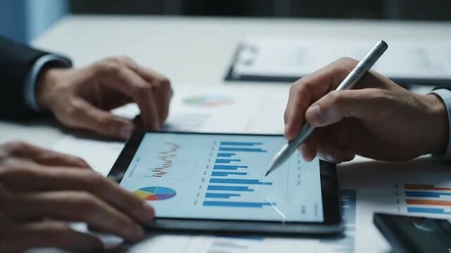 Close-up of business professional analyzing financial data on a digital tablet device; business people meeting plan analysis statistics brainstorm and header of team hold tablet pointing graph chart