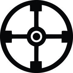 Obraz premium A striking black and white graphic symbol featuring a circular outline with four radiating spokes and square elements at their outer ends