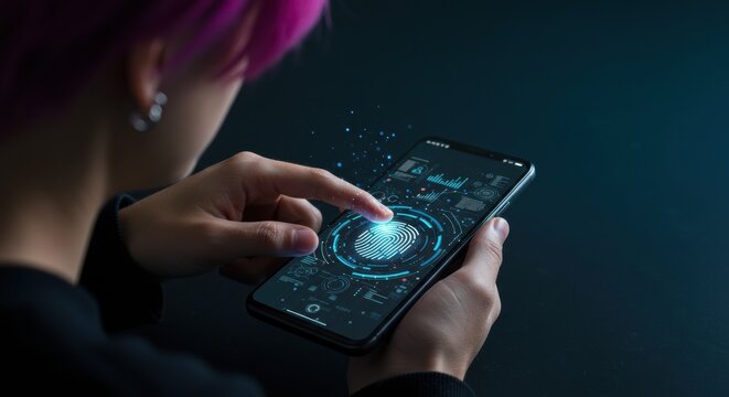Digital fingerprint authentication modern workspace mobile technology dark background close-up security innovation