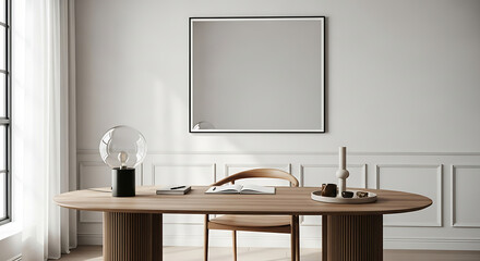 Obraz premium Modern minimalist dining room with oval wooden table and abstract art