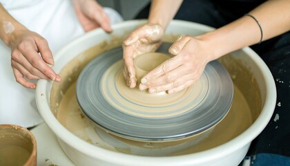 Hands shaping clay on a pottery wheel