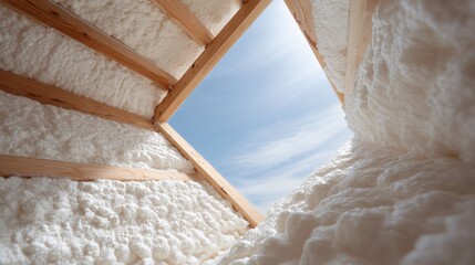 Home improvement project with spray foam insulation applied between attic rafters