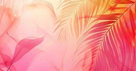 A pink and orange gradient background with palm leaves