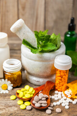 Alternative medicine herbal capsule organic drug on wooden background.Assortment of herbal and tablets,vitamins and dietary supplements.medicinal and Healing herbs.natural supplements for healthy life