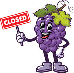 Cartoon mascot of grapes holding a closed sign