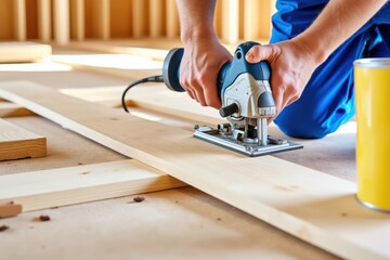 Worker Using a Jigsaw, carpentry and home renovation, cutting wooden plank.