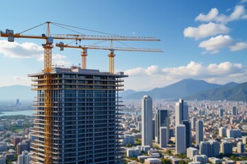 High-Rise Building with Cranes, urban development and modern architecture, city skyline.