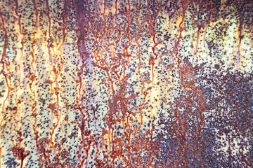 Old metal surface with remains of light. There are many corrosion spots and picturesque rust streaks. Background. Texture. Close-up.