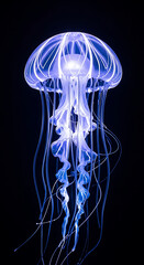 Bioluminescent jellyfish glowing with ethereal blue light in dark ocean depths