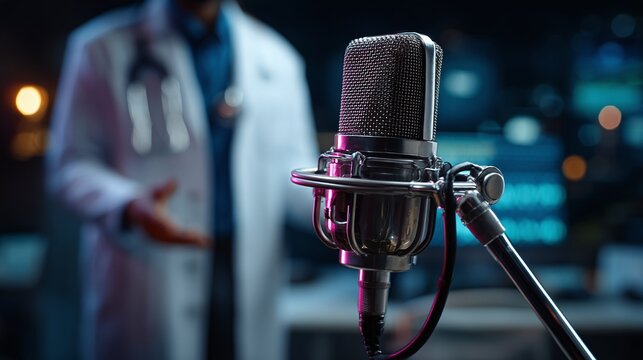 Medical podcast featuring a doctor discussing health topics on air with a retro microphone, against a dark blue background.
