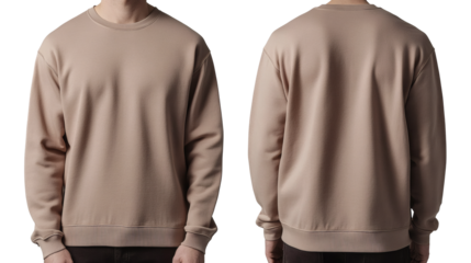 Man wearing a plain beige crewneck sweatshirt front and back view isolated on transparent background