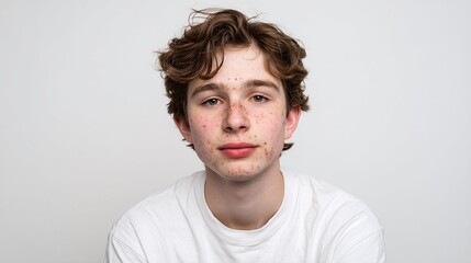 Fototapeta premium Teenager's portrait against a white backdrop shows the natural skin with freckles and small spots. Young model with light skin poses, looking at the camera.