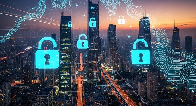 Cityscape at Night with Digital Security Lock Icons - Powered by Adobe