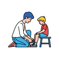 A kind father meticulously ties his son's shoelaces while the boy sits patiently on a stool, illustrating a moment of care and everyday life.