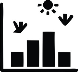 Hand drawn bar chart illustrating declining trends under a stylized sun with downward arrows indicating a decrease