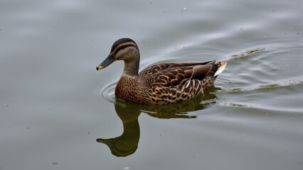 Fototapeta premium Female Mallard Duck Swimming Calmly on Serene Water; Reflective Surface, Natural Light.