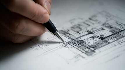 A close-up of a hand holding a pen, sketching architectural plans on paper, showcasing precision and creativity in design.