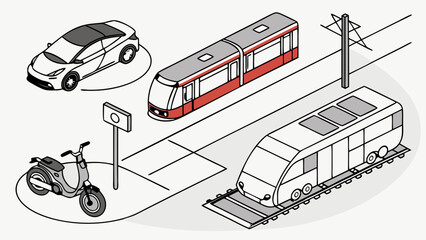 Urban transportation isometric illustration. Car, scooter, tram, and train representing city public and private transport.