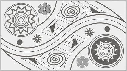 Abstract seamless geometric pattern background with tribal ethnic ornamental shapes, circles, spirals, flowers. Black and white.