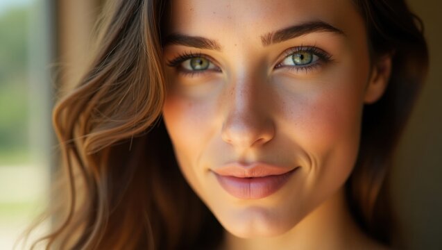Mujer con pecas y labios sensuales, primer plano, tonos cálidos que realzan su piel impecable y su belleza natural