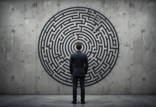 Empresario de pie frente a una imagen abstracta de laberinto en una pared de hormig&oacute;n, contemplando soluciones y planificaci&oacute;n estrat&eacute;gica