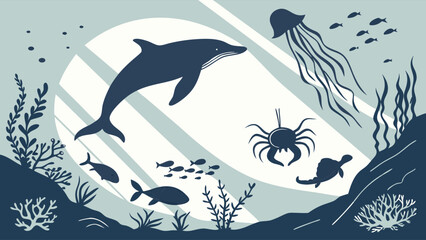 Ocean marine life underwater world illustration with dolphin jellyfish crab turtle fish coral plants Deep blue sea
