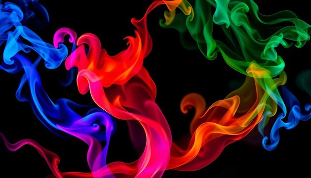 Vibrant, swirling smoke plumes in vivid hues against a stark black backdrop,  mist,  fume