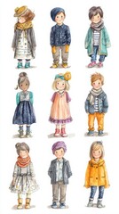 A colorful illustration featuring a variety of children dressed in stylish outfits, showcasing diverse fashion styles and accessories.