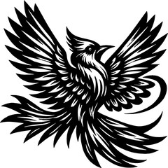 Obraz premium Illustrative Phoenix Soaring: A meticulously crafted illustration showcases a phoenix bird in full flight, its elegant wings spread wide.