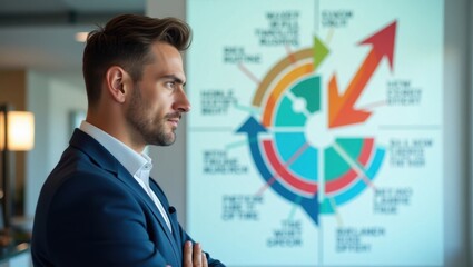Fototapeta premium Hombre de traje observando una gran flecha y un dibujo de rompecabezas en una pizarra, ilustrando la dirección y el concepto de superación de obstáculos
