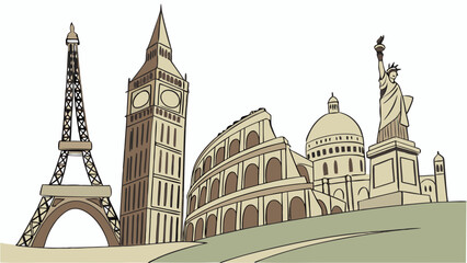 Famous world landmarks for global travel and tourism. Iconic international destinations with monuments like Eiffel Tower, Big Ben, Colosseum, Statue of Liberty.