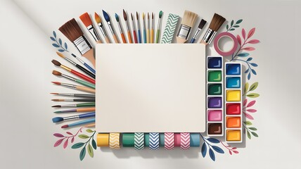Colorful Art Supplies Arranged Around a Blank Canvas