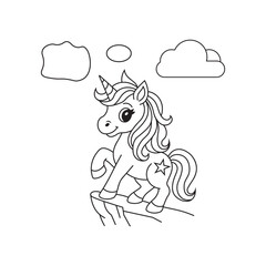 adorable unicorn with flowing mane standing on cliff under clouds, black and white fantasy illustration for coloring pages.