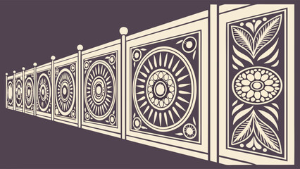 Ornate decorative fence railing panels with traditional geometric floral patterns. Classic architectural border design.