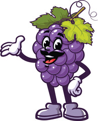 Cartoon mascot of grapes with a mustache