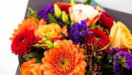 Vibrant Autumnal Bouquet Close Up: Orange Gerbera and Red Chrysanthemums