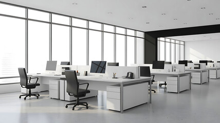 Fototapeta premium Modern empty office space with large windows and rows of desks and chairs