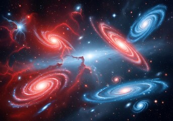 Cosmic Dance: Red and Blue Galaxies Intertwined in a Starry Nebula